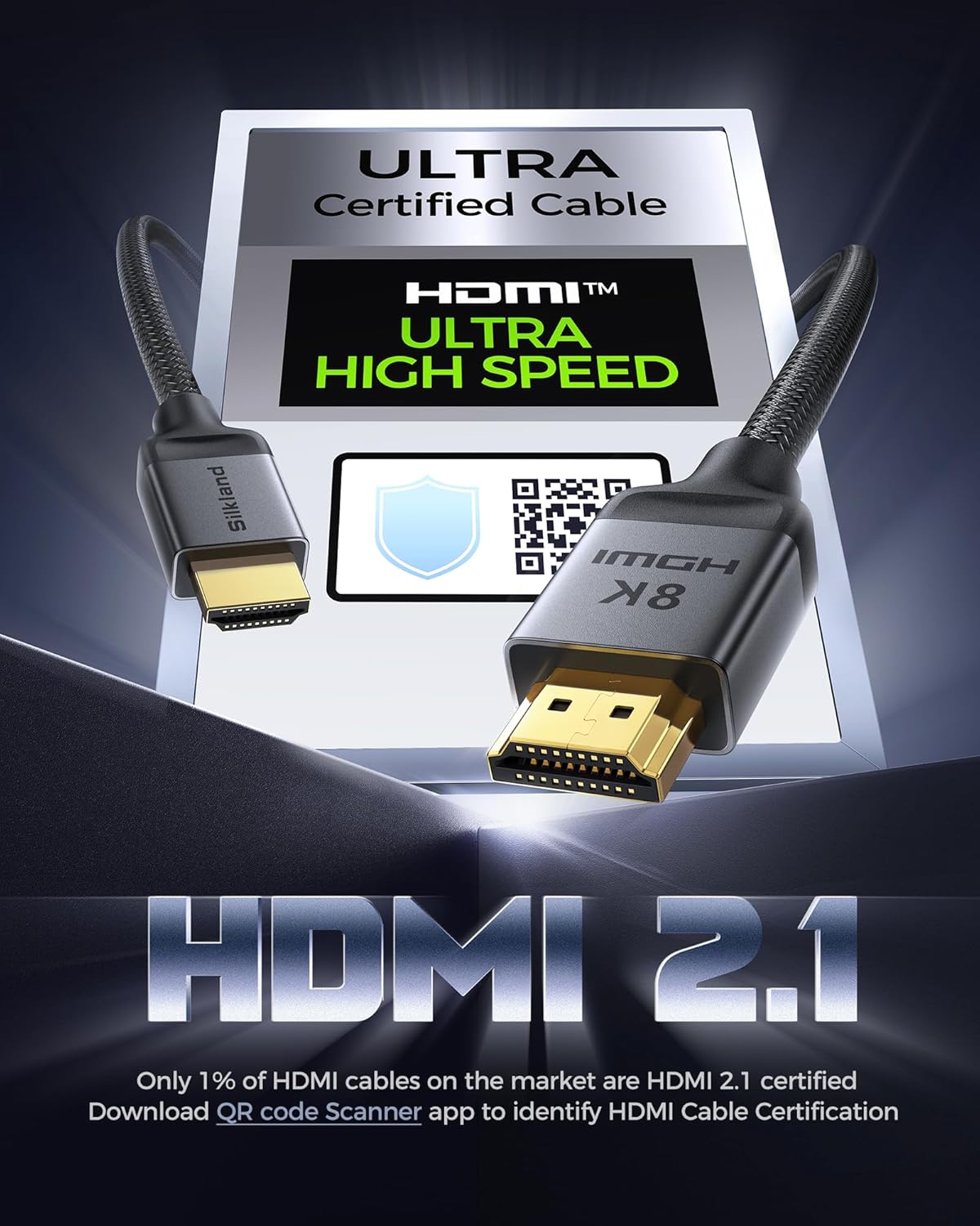 Silkland Short 10K 8K HDMI 2.1 Cable 1.5ft Certified, (Nylon Soft Braid) Ultra High Speed HDMI Cable [8K@60Hz, 4K@240Hz 120Hz] 48Gbps, HDR10, eARC, ARC, HDCP 2.3, Compatible for PS5/Xbox/Roku TV