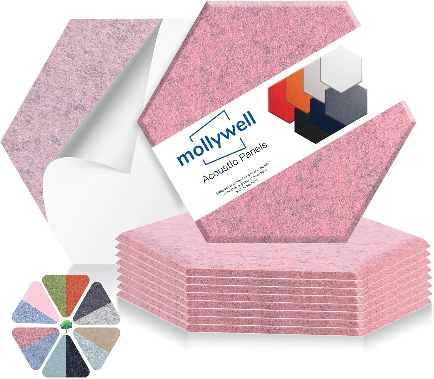 Mollywell Hexagon Acoustic Panels, High Density, Soundproofing, Decorative Noise Reduction Felt Wall Tiles for Ceilings, Home Office & Gaming Room (Smoky Pink), 14x12x0.4 Inch