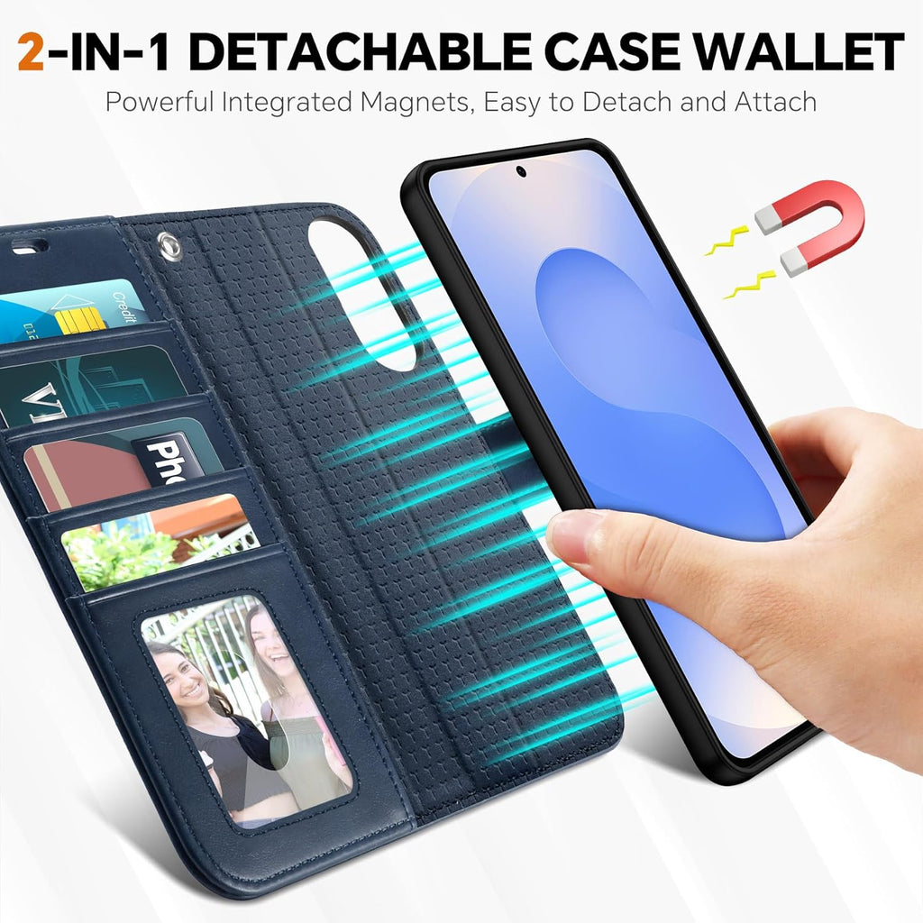 TUCCH Case Wallet for Galaxy S25 Edge, [Detachable] 2 in 1 Magnetic PU Leather Wrist Strap RFID Blocking Wireless Charging 4 Card Slot Stand Removable Shockproof Cover for Galaxy S25 Edge, Dark Blue