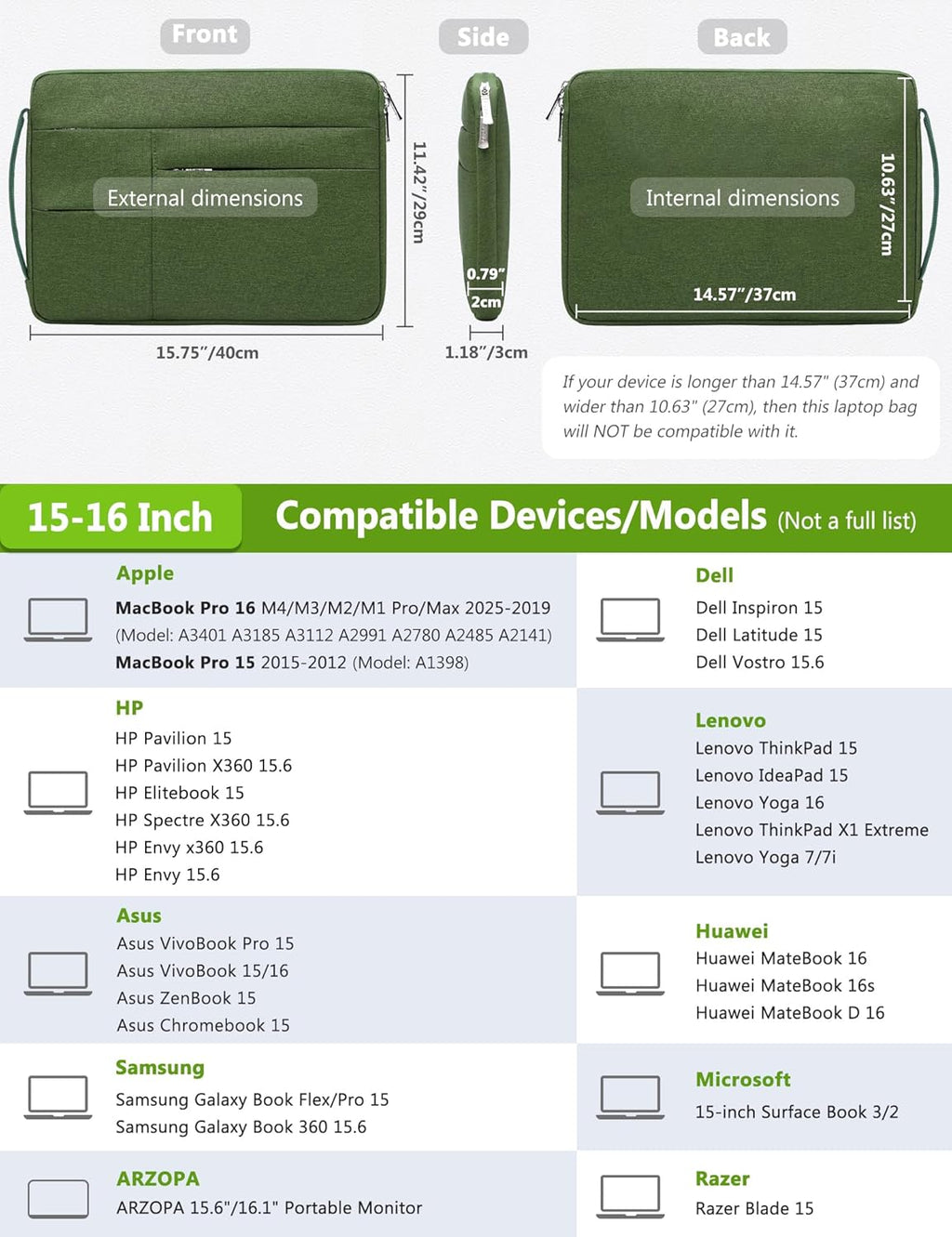 HYZUO 15-16 Inch Laptop Sleeve Bag for MacBook Pro 16 M4/M3/M2/M1 2025-2019, 15" Surface Book, Portable NoteBook Case for 15" 15.6" HP Dell Lenovo ThinkBook Asus Acer Samsung HUAWEI, Grass Green