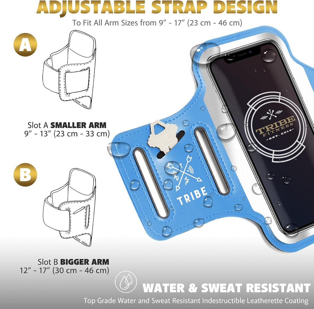 TRIBE Running Phone Holder Armband. iPhone & Galaxy Cell Phone Sports Arm Bands for Women, Men, Runners, Jogging, Walking, Exercise & Gym Workout. Fits All Smartphones. Adjustable Strap, CC/Key Pocket