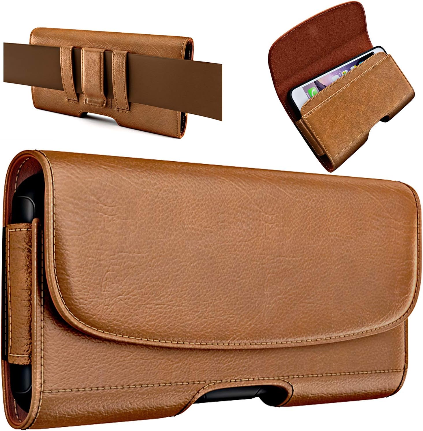 PiTau Holster for iPhone SE 8 7 6 6s, Cell Phone Belt Holder with Clip for Men, Fits Smartphone with Case On, Cellphone Cover with ID Card Pouch, Brown- Small