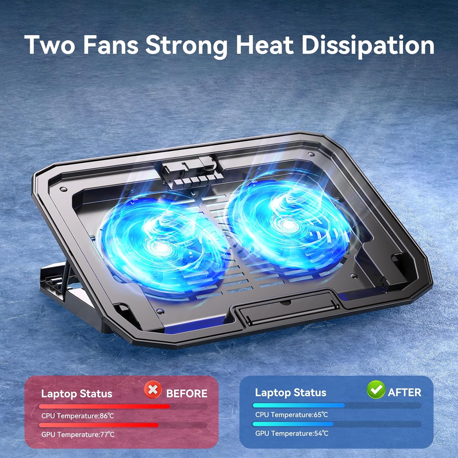 Ultra Slim Laptop Cooling Pad for 10-15.6 Inch Laptops, Portable Notebook Cooler with 2 Quiet Big Fans, Gaming Laptop Fan Wind Speed Adjustable, 5 Heights Adjustment, 2 USB Port