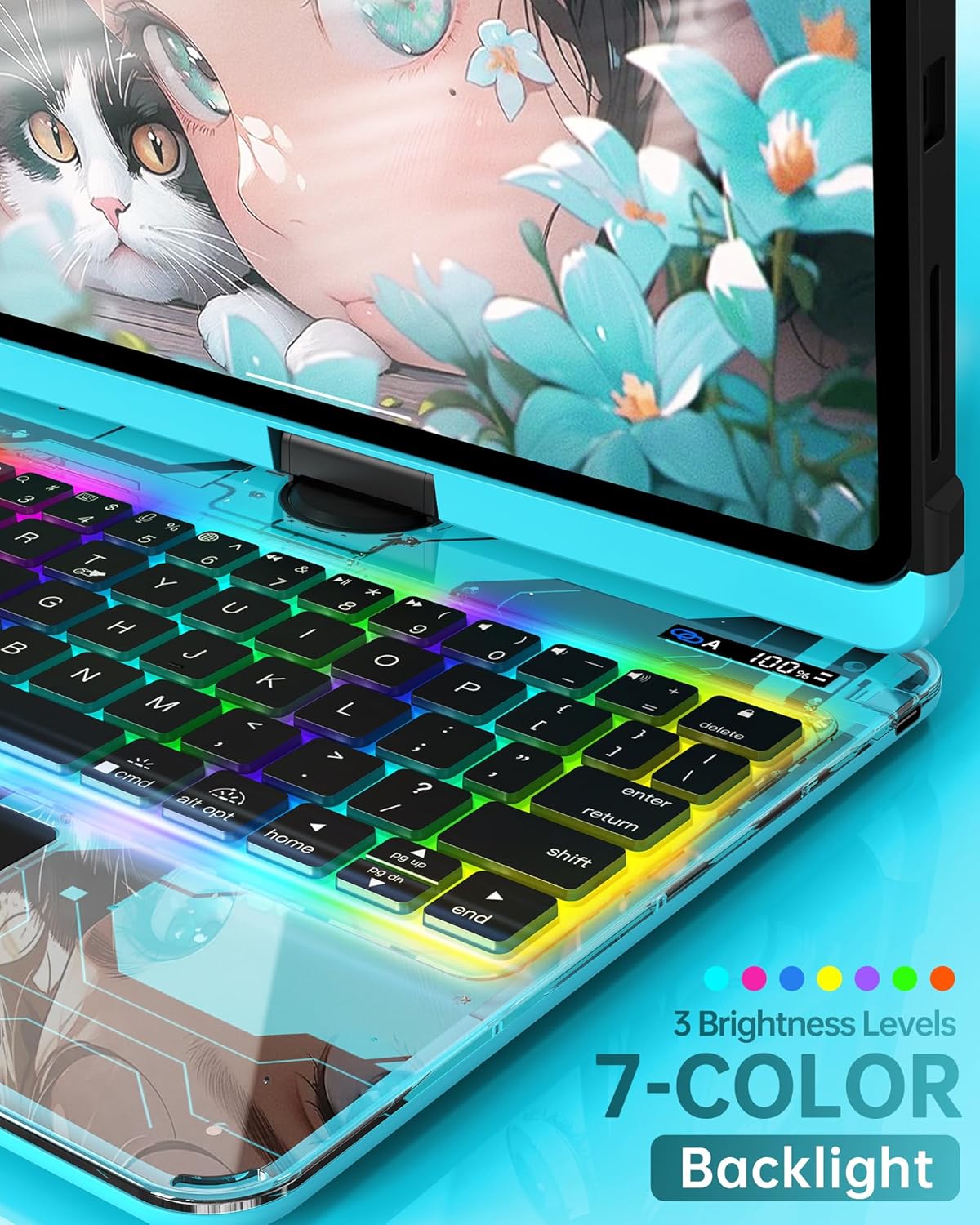 Intermerge for iPad 9th 10.2 inch Keyboard Case, 360° Transparent Multi-Touch Trackpad, 7-Color Backlit Keyboard, Pencil Holder, Type-C, Power Indicator for 9th/ 8th/ 7th - Nebula Core X