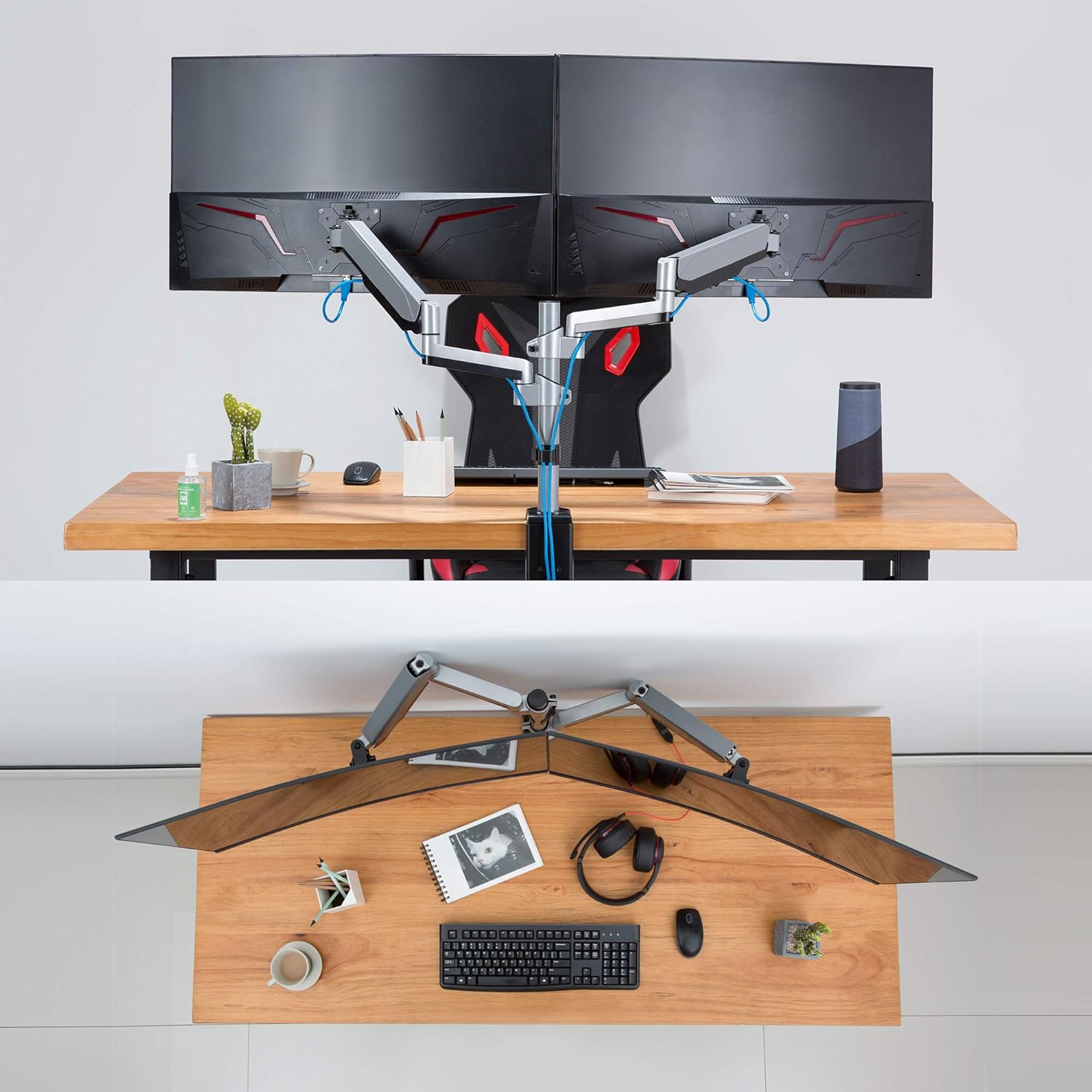 AVLT Dual 13"-27" Stacked Monitor Arm Desk Mount - Fits Two Flat/Curved Monitors, Full Motion Height Swivel Tilt Rotation Adjustable - VESA/C-Clamp/Grommet/Cable Management