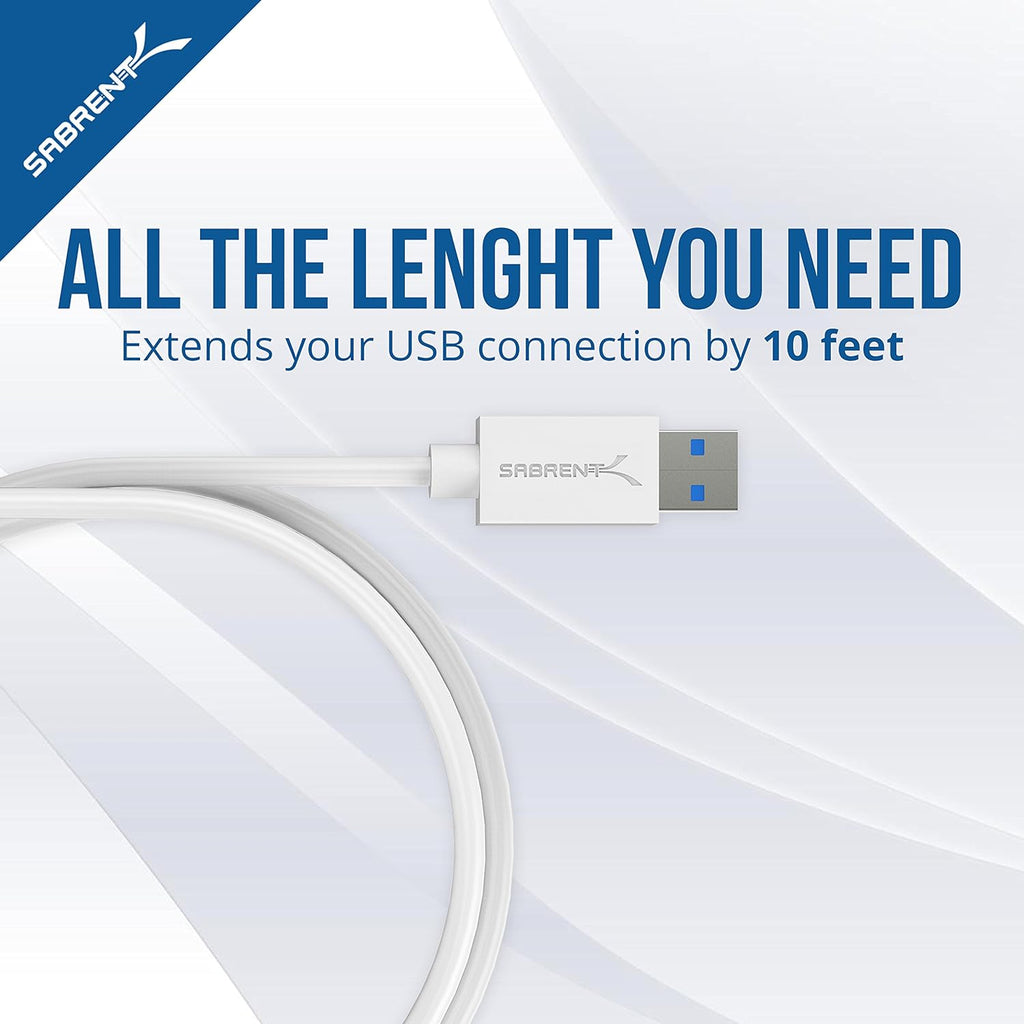 SABRENT 22AWG USB 3.0 Extension Cable - A-Male to A-Female [White] 10 Feet (CB-301W)