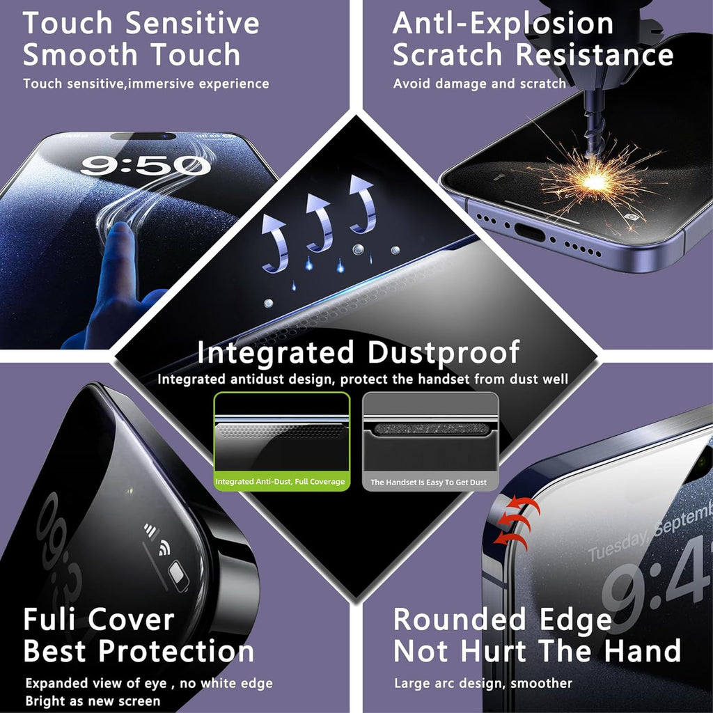 2 Pack Anti Blue Light Matte Screen Protector for iPhone 15 Pro Max, 9H Tempered Glass, Full Coverage, Anti-Fingerprint, Auto Dust-Elimination, No Bubble, Easy Installation