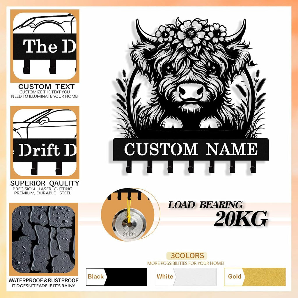 Personalized Highland Cow Key Holder Wall Mount, Custom Metal Key Rack Key Holder with Name, Deer Cabin Wall Keys Hanger with Hooks for Entryway, Front Door, Hallway, Kitchen, Living Room