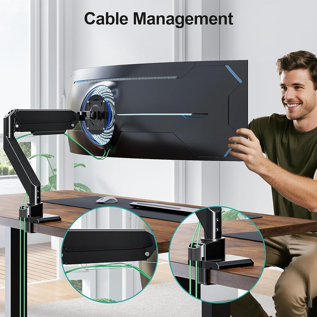 MOUNT PRO Heavy Duty Monitor Arm for 49 inch Ultrawide Screen up to 44 lbs, Single Desk Computer Mount Curved Monitor Stand for Samsung Odyssey G9, Adjustable Gas Spring VESA Mount 75x75 100x100
