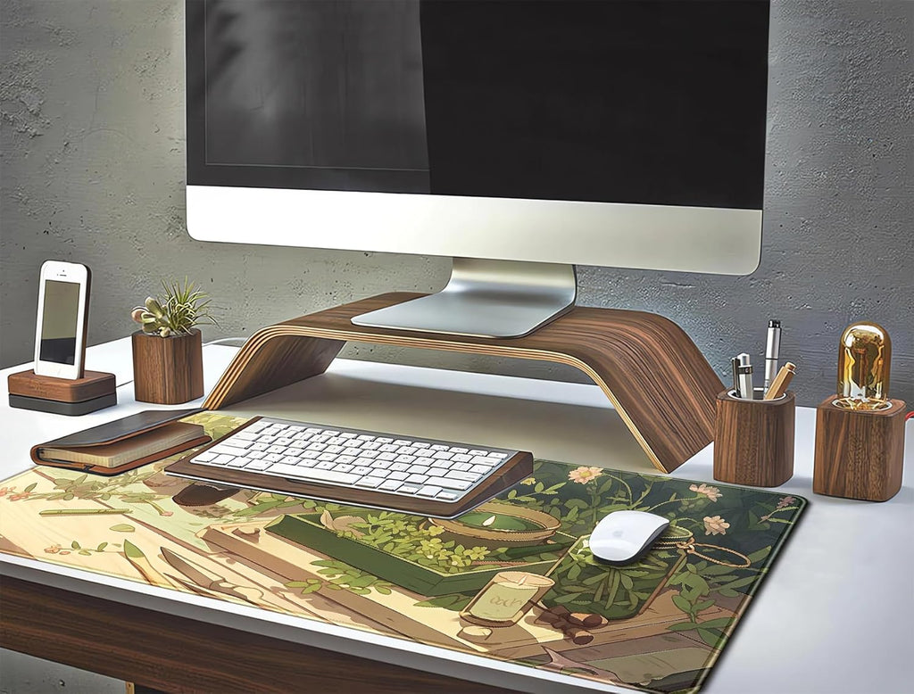 Green Gardener Desk Mat Anime Forest XL Gaming Mouse Pad Plant Lover Desk Pad with Stitched Edges, Women Desktop Decor Mousepad Laptop Computer Keyboard and Mouse Mat Desk Accessories 31.5x11.8 in