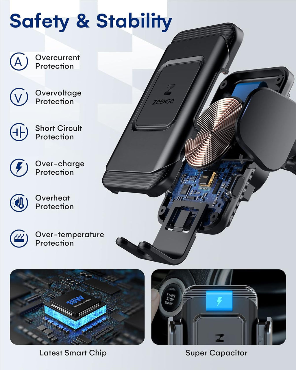 ZeeHoo Wireless Car Charger,15W Fast Charging Auto-Clamp Car Mount,Windshield Dash Air Vent Phone Holder for iPhone 14 13 12 Mini 11 Pro Max XS XR 8,S22 S21 S20(45W QC3.0 Adapter Included)