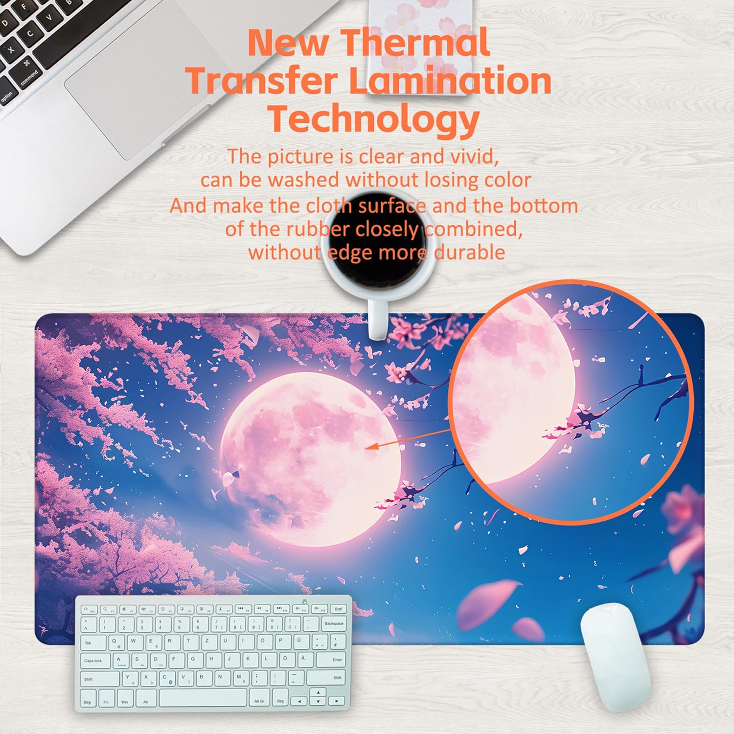 Large Gaming Mouse Pad for Desk, Falling Cherry Blossoms Desk Mat, Bright Full Moon Desk Pad, 31.5"x15.7" Extended Big Computer Keyboard Mouse Pad with Non-Slip Base and Stitched Edge