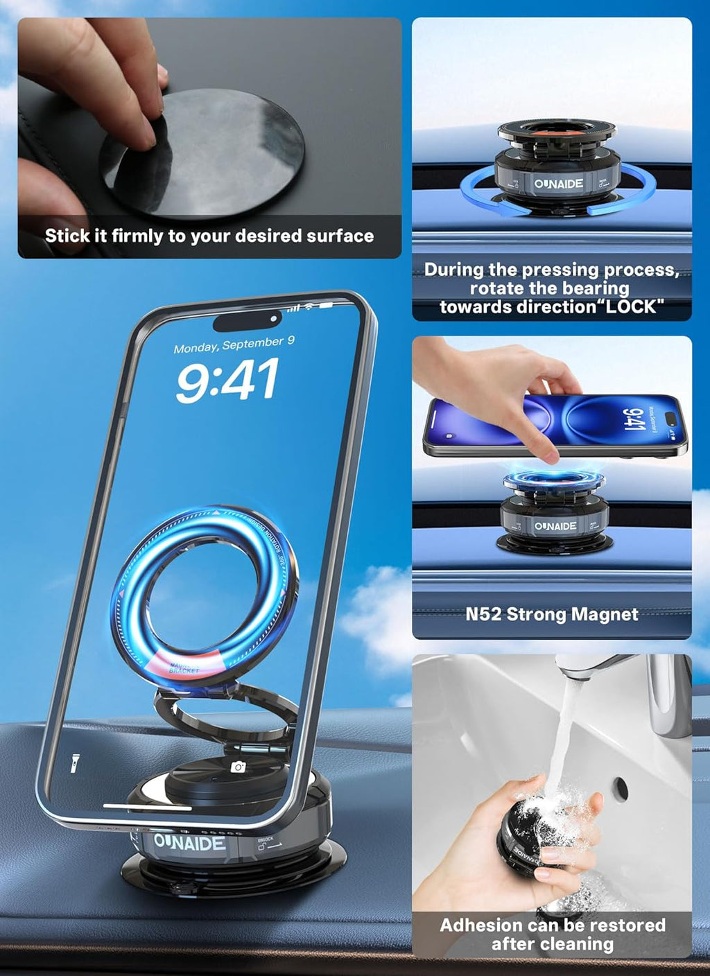 Magnetic Phone Holder For Car,360°Vacuum Magnetic Car Phone Holder,Car Phone Mount Adjustable Cell Phone Holder Enhanced Vacuum Suction Cup Car Accessories for iphone 16e 15 14 Android (Silver Black)