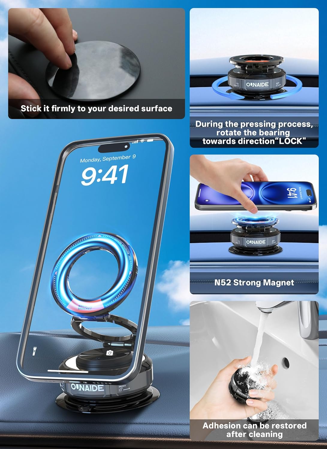 Magnetic Phone Holder For Car,360°Vacuum Magnetic Car Phone Holder,Car Phone Mount Adjustable Cell Phone Holder Enhanced Vacuum Suction Cup Car Accessories for iphone 16e 15 14 Android (Silver Black)