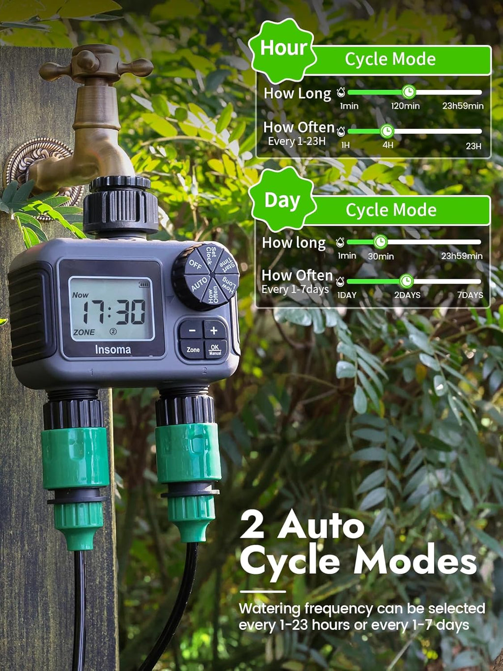 Insoma 2-Zone Sprinkler Timer, Programmable Garden Hose Timer with Auto/Manual/Rain Delay Modes | Water-Saving Irrigation Controller for Lawn, Yard & Drip Systems | Waterproof Design & Easy Setup