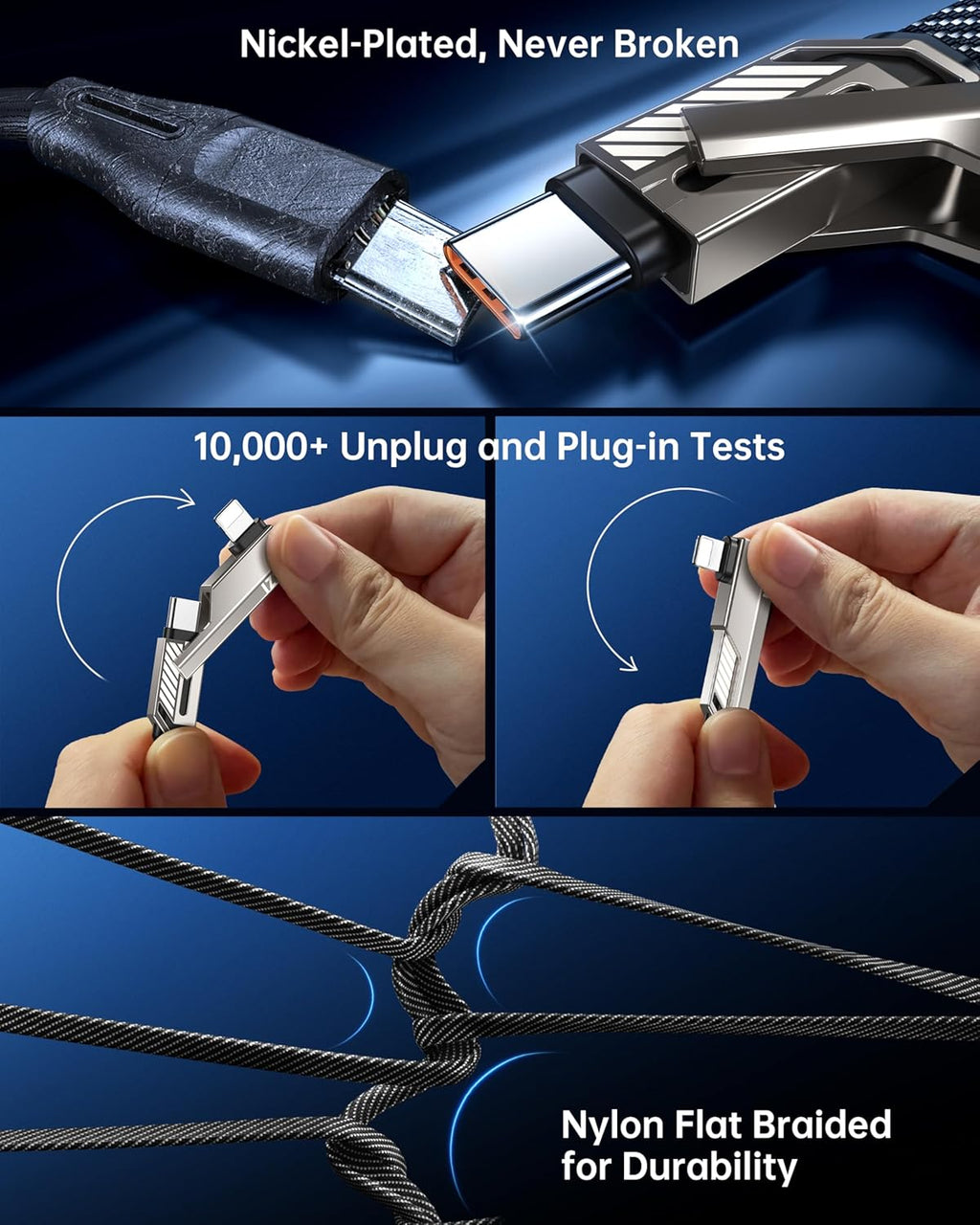 4-in-1 USB C Cable 5FT Compatible with Lightning Cable 90 Degree Fast Charging Flat Nylon Braided for iPhone/iPad Charger Cord Multi Charge Cord with L/USB C/USB A Ports, Grey