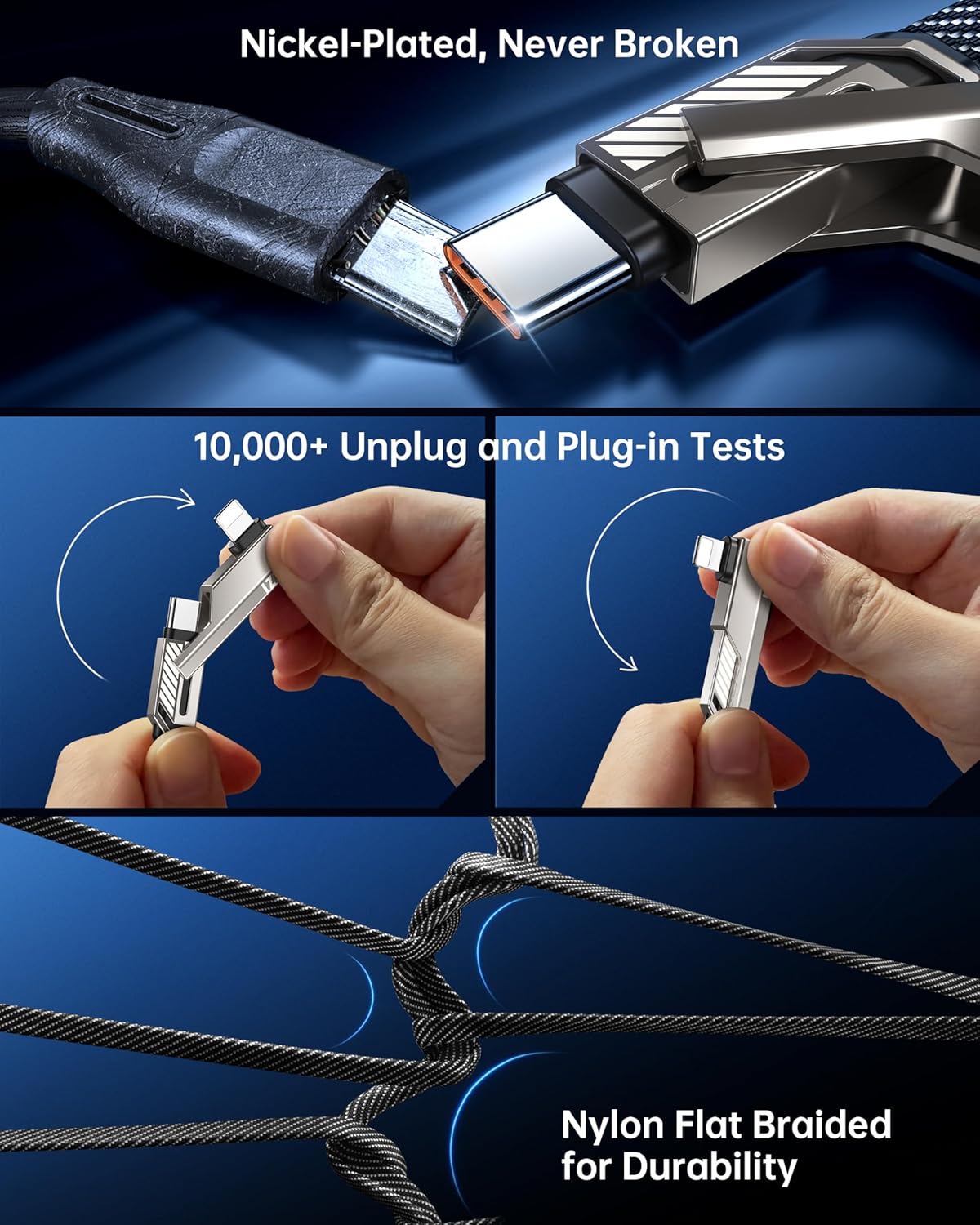 4-in-1 USB C Cable 5FT Compatible with Lightning Cable 90 Degree Fast Charging Flat Nylon Braided for iPhone/iPad Charger Cord Multi Charge Cord with L/USB C/USB A Ports, Grey