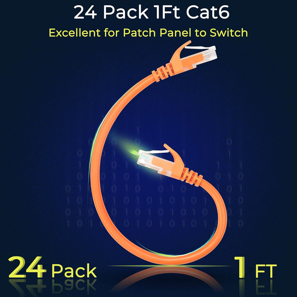 Rapink Patch Cables Cat6 1ft (24 Pack), Ethernet Patch Cable 10G Support, Cat 6 Patch Cable for Patch Panel to Switch, Flexiable Cat 6 Ethernet Cable with Gold Plated Orange