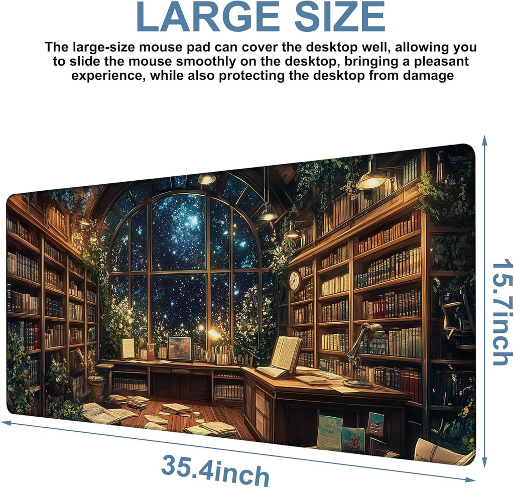 an Old Library Gaming Mouse Pad 3mm Thick Stitched Edge Waterproof Non-Slip Large Computer Keyboard Mouse Mat,Suitable for Office Entertainment Decorative Desk Pad 35.4 x 15.7 Inches