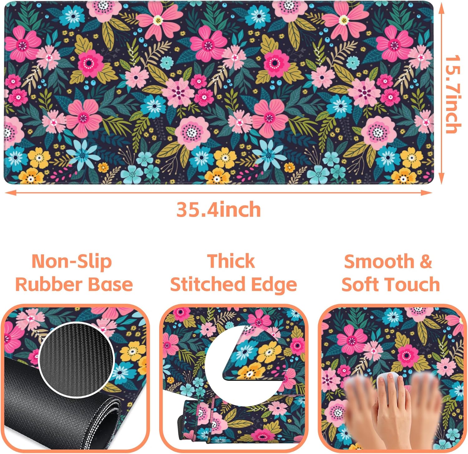 Mouse Pad Large Bright Colorful Flowers Non-Slip Game Desk Mat with Stitched Edge Laptop Keyboard Desk Pad for Work Home Gaming (35.4 x 15.7 Inches)