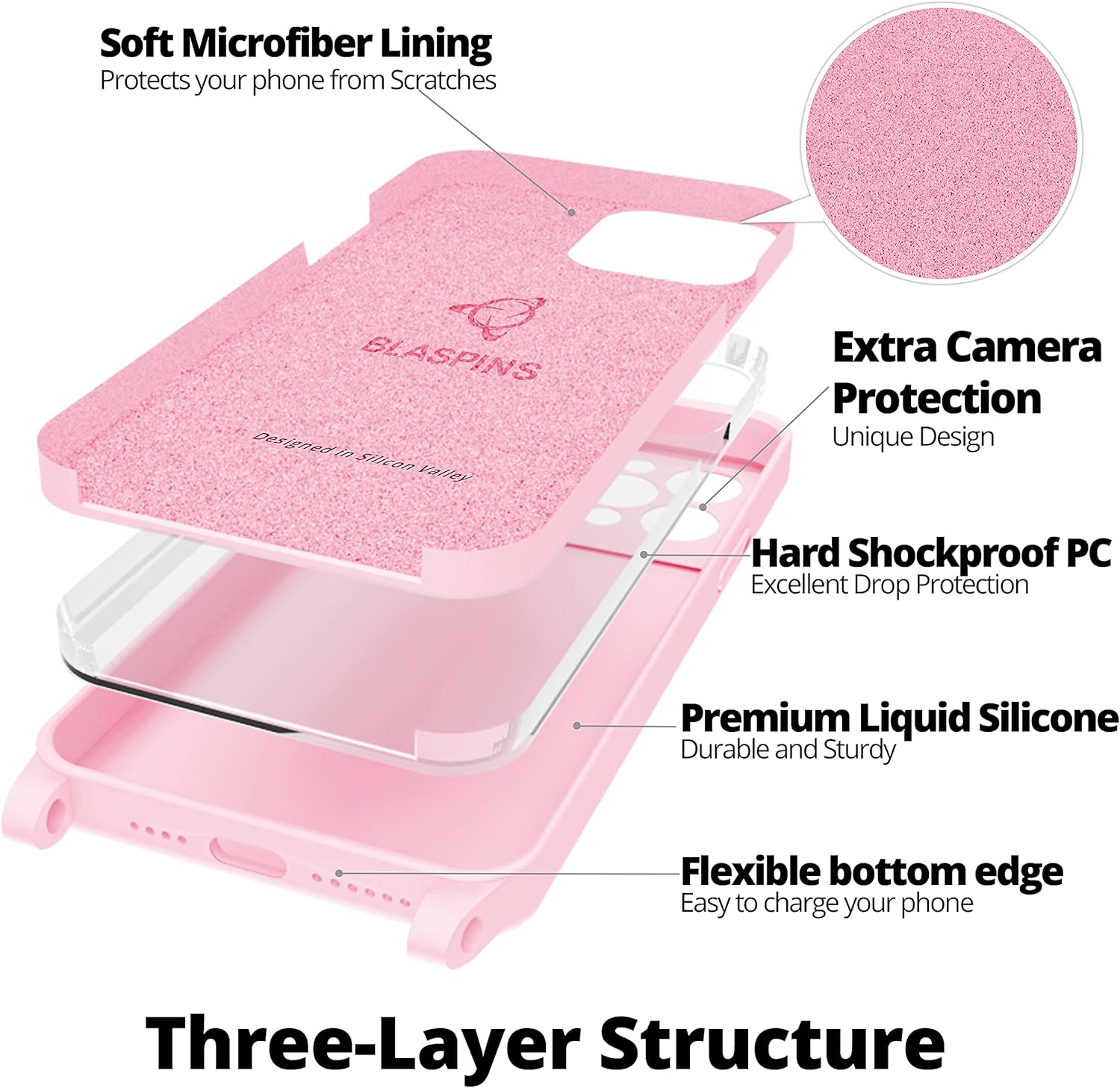 Blaspins Crossbody Lanyard Strap Case for iPhone 13 Pro, Neck Cross Body, Adjustable Holder Removable, Drop Protection Shockproof, Hands-Free Silicone Case 6.1 inch, 150 cm Strap, iP13Pro - Pink
