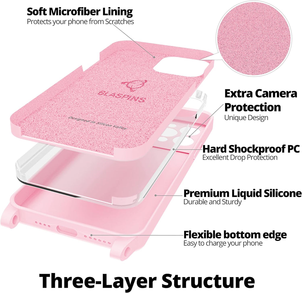 Blaspins Crossbody Lanyard Strap Case for iPhone 13 Mini, Neck Cross Body, Adjustable Holder Removable, Drop Protection Shockproof, Hands-Free Silicone Case 5.4 inch, 150 cm Strap, iP13mini - Pink