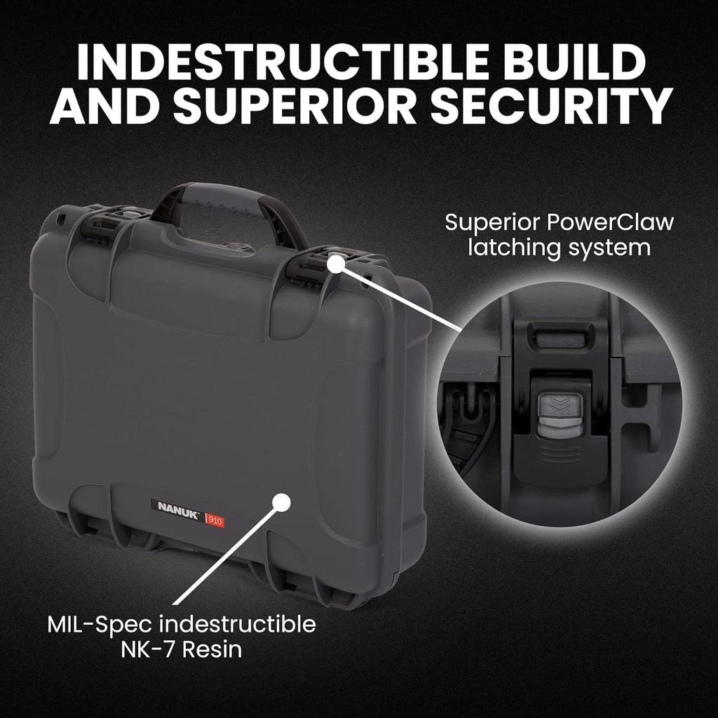 NANUK 910 Hard Case with Customizable Cubed Foam, IP67 Waterproof, Dustproof and Impact Resistant, 14.3” x 11.1” x 4.7”, Rugged Construction for Ultimate Protection, Made in Canada – Graphite