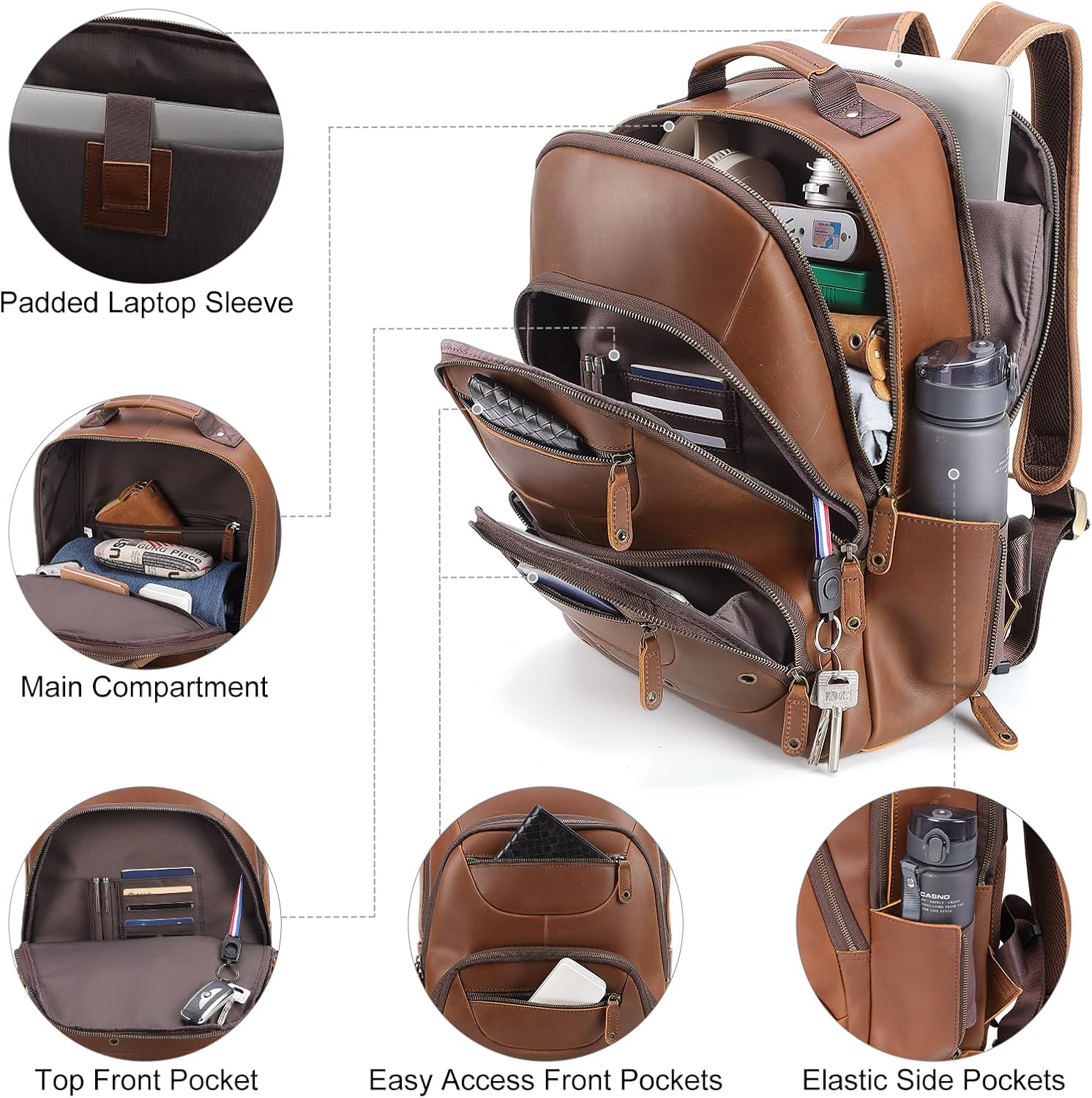 TIDING Brown Leather Travel Backpack for Men, Vintage 16 Inch Laptop Casual Daypack Business Camping Overnight Rucksack