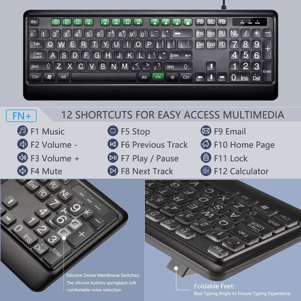 Large Print Backlit Keyboard, USB Wired Computer Keyboard, Full Size Keyboard with White Illuminated LED Compatible for Windows Desktop, Laptop, PC, Gaming, Black