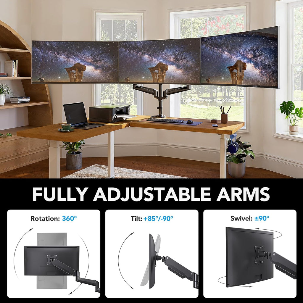 HUANUO Triple Monitor Mount for 17 to 32 inch Screens, Adjustment Triple Monitor Stand with Swivel, Tilt, Rotation, Clamp & Grommet Kit (Black)
