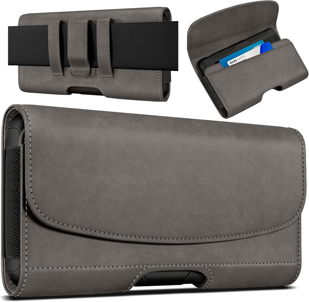 PiTau Holster for iPhone 16 & Pro 16e 15 15pro 14 14pro 13 13pro 12 12pro 11 11pro XR XS X, Samsung Galaxy S25 S24 S23 S22 S21 S20, Cell Phone Belt Holder Clip Case, Men's ID Card Pouch, Pewter Medium