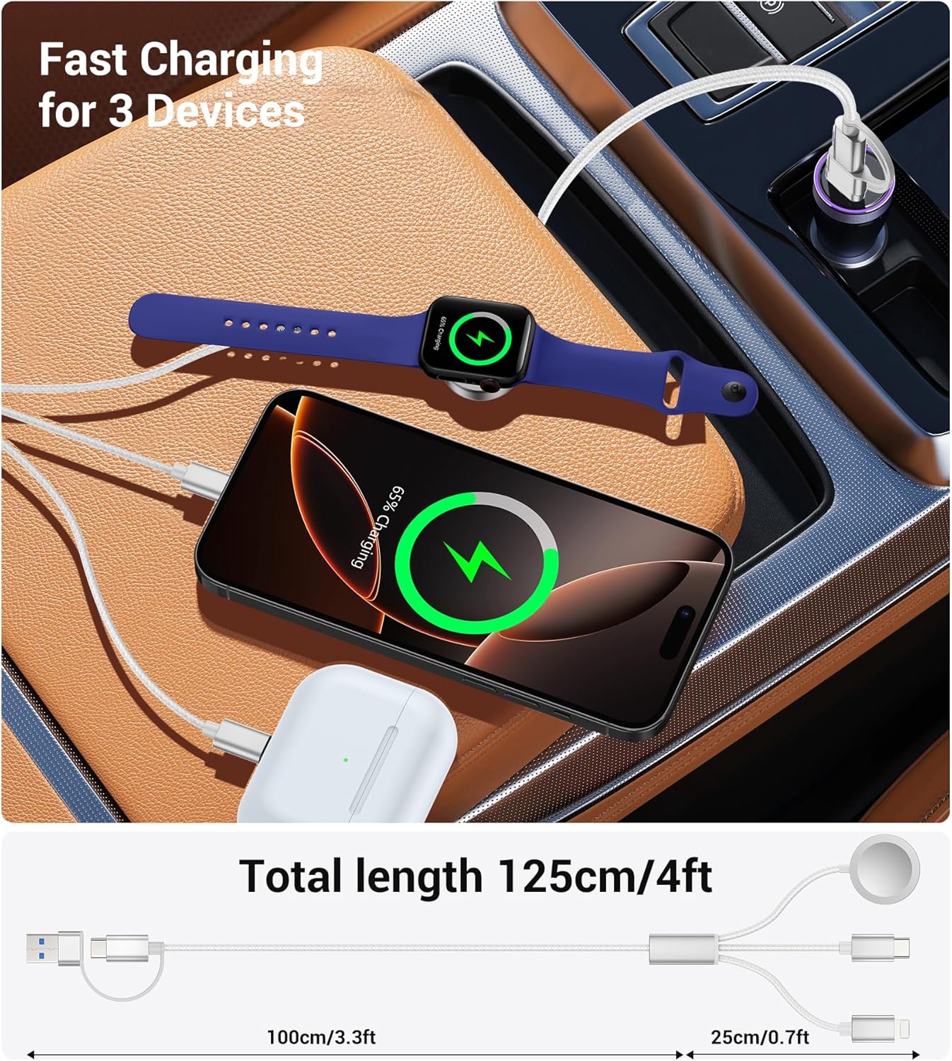 Temdan for Travel Vacation Essentials,3 in 2 USB C Cable for Apple Watch Charger/iPhone 16 Charger/Lightning,Multi Charging Cable Cord,Camping Essentials,Designed for iWatch &iPhone 16-12-4FT White