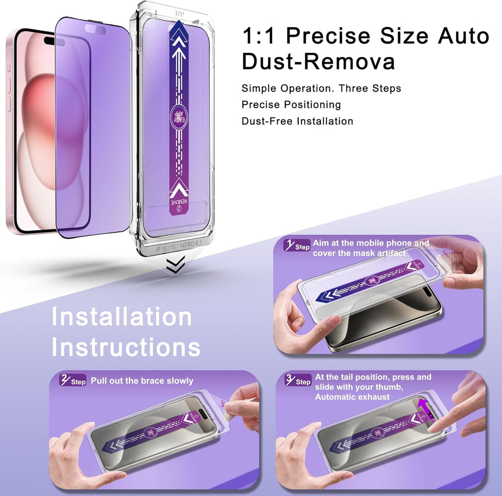2 Pack Anti Blue Light Matte Screen Protector for iPhone 16 and iPhone 15 and iPhone 14 Pro 6.1-Inch Auto Dust Removal, No Bubbles, Tempered Glass Film, Easy Installation