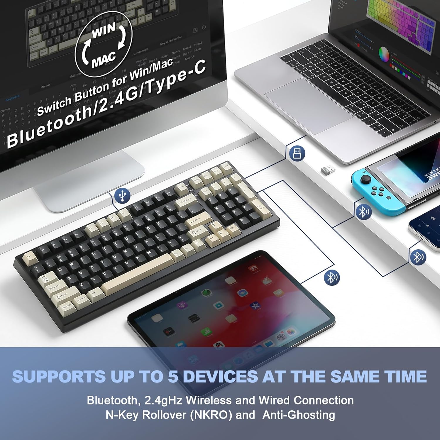 YUNZII YZ98 Gasket Mechanical Keyboard,99 Key Hot Swappable BT5.0/2.4G/USB-C Wireless NKRO 98% 1800 Layout with RGB LED Backlit for Linux/Win/Mac(Milk Switch, Black)