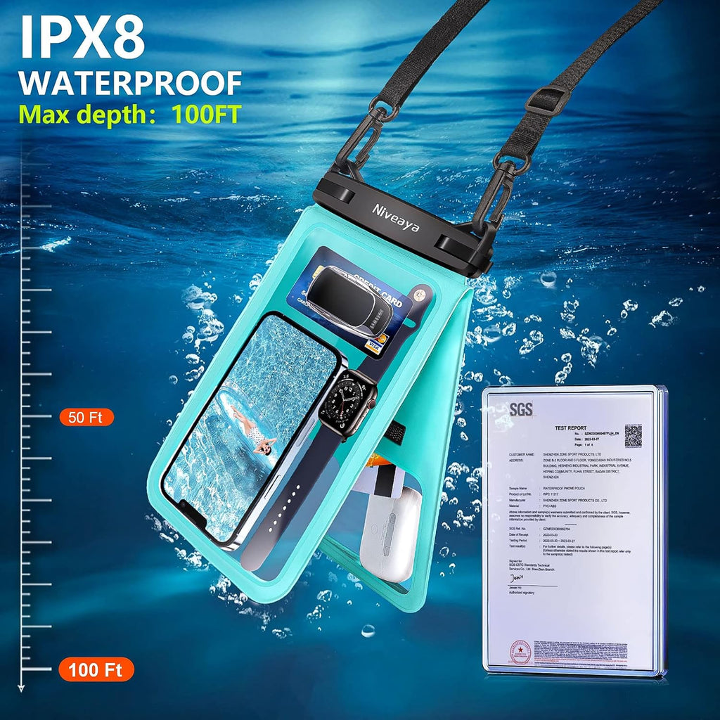 Niveaya [Up to 10.5"]Waterproof Phone Pouch - 2 Pack, Waterproof Phone Lanyard Case with iPhone 16/15/14/13/12 Pro Max up to 9.5", Phone Dry Bags for Vacation Beach Pool Kayak Cruise Travel Essentials