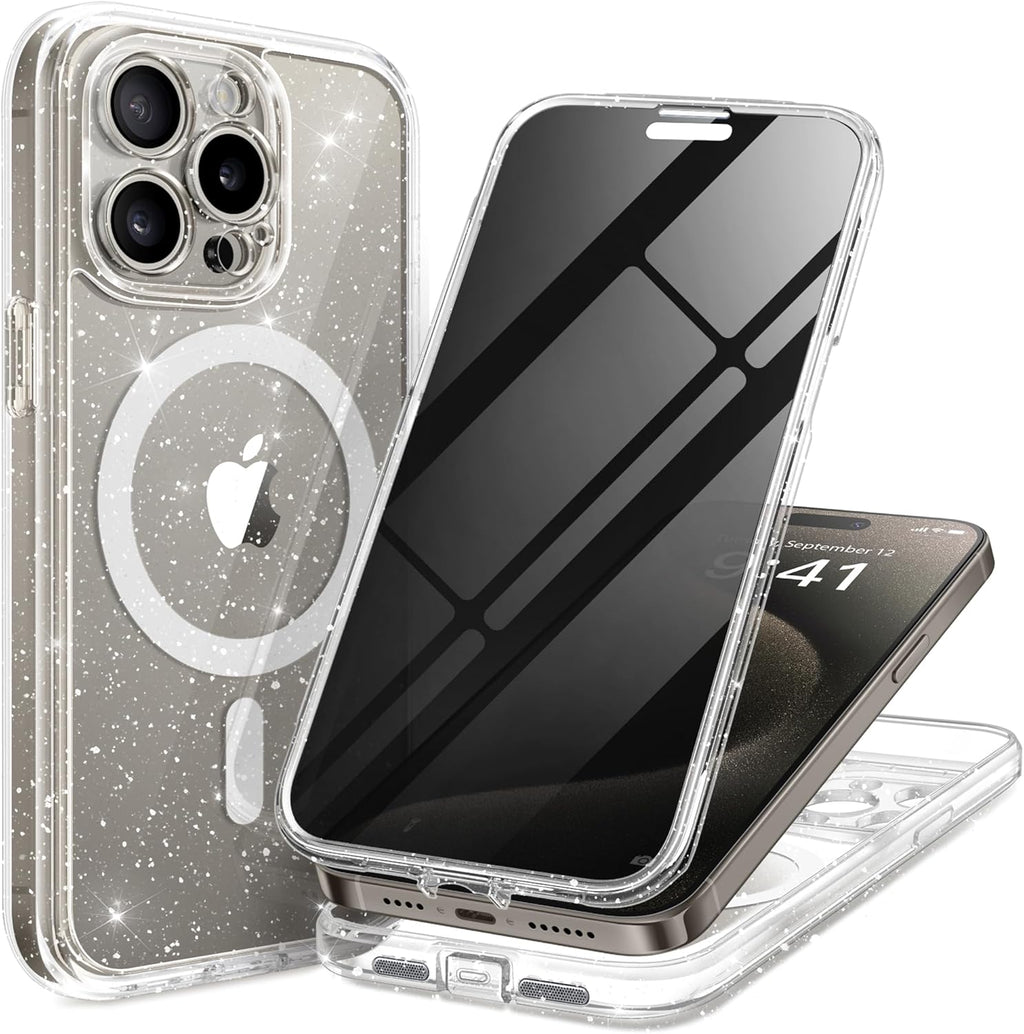 Magnetic for iPhone 15 Pro Max Case, Compatible with MagSafe, Built-in Privacy Screen Protector and Camera Protection, Anti Spy Full Body Dustproof Shockproof Hard Phone Case 6.7", Shiny Clear