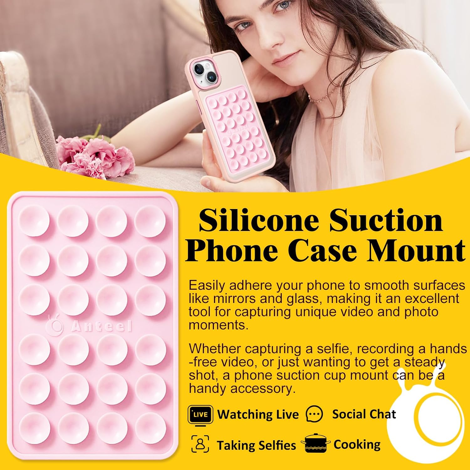 Anteel MAX Silicone Suction Phone Case Adhesive Mount, Upgraded Super Strong Grip, Durable, Easy to Use, Hands-Free Sticky Phone Holder for Selfies, Tiktok Videos, 2.56"x3.94" (White)