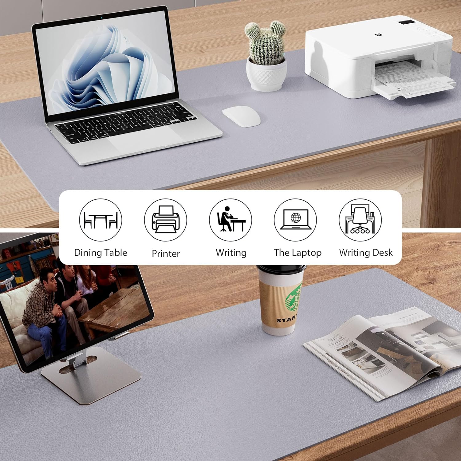 Aothia Large PU Leather Desk Pad Protector - Non-Slip Mouse Pad & Writing Mat for Office/Home, Waterproof, Easy to Clean (23.6" x 13.7", Smoky Lavender)