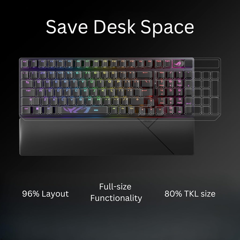 ASUS ROG Strix Scope II 96 Wireless Gaming Keyboard, Tri-Mode Connection, Dampening Foam & Switch-Dampening Pads, Hot-Swappable Pre-lubed ROG NX Storm Switches, PBT Keycaps, RGB-Black