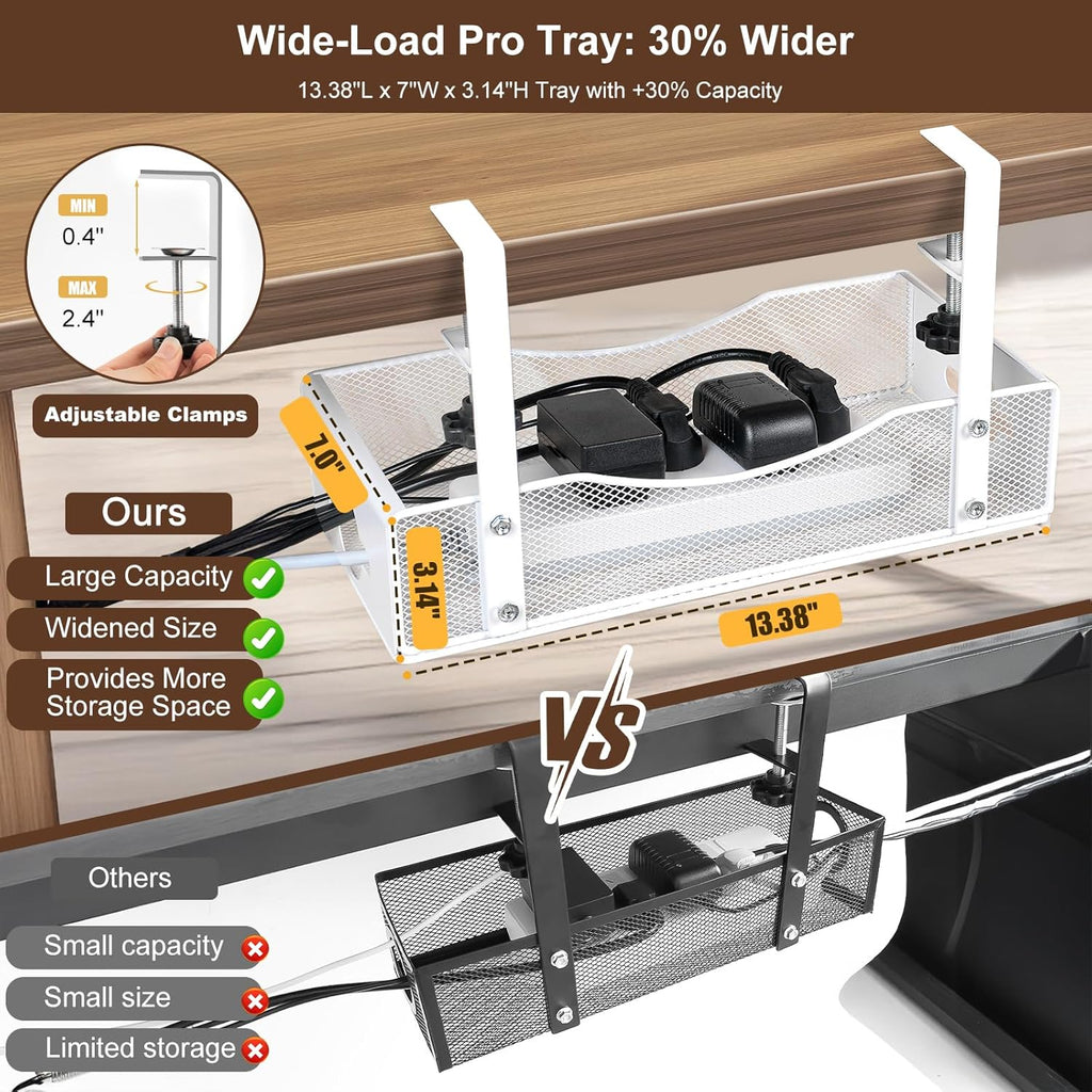 Extra Wide Under Desk Cable Management - No Drill Installation Cable Management Tray, Modern Cord Organizer for Office/Home Desk, Fits Power Strips & Wires((White, XL)