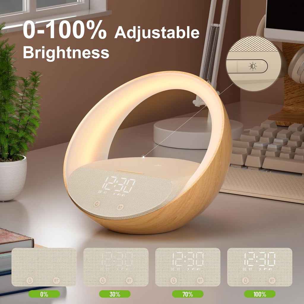Bluetooth Alarm Clock, Sunrise Simulation Wake Up Night Light, 15W Fast Wireless Charging Alarm Clock for Bedroom, 10W Bluetooth Stereo Sound Speaker, USB Charger Port
