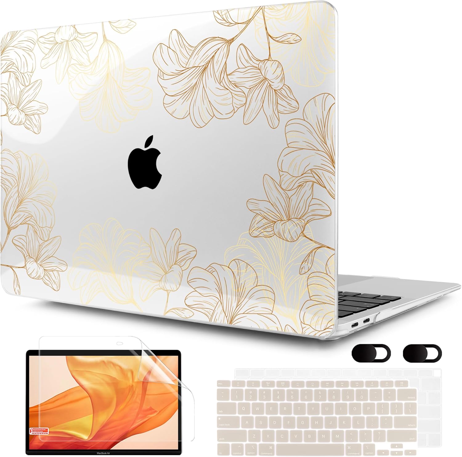 MEEgoodo for MacBook Air 13 inch Case 2021 2020 2019 2018 Released A2337 M1 A2179 A1932 with Touch ID, Plastic Hard Shell & Keyboard Cover Compatible with MacBook Air Case 13.3, Drawn Golden Floral