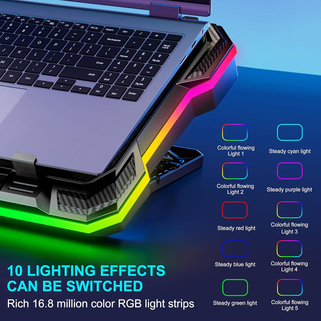 MOOJAY Laptop Cooling Pad Powerful Turbo Fan RGB Gaming Notebook Cooler, Laptop Fan Cooling Stand with 8 Adjustable Heights and Phone Holder, for 14-19 Inch Laptops - Colored LED Light
