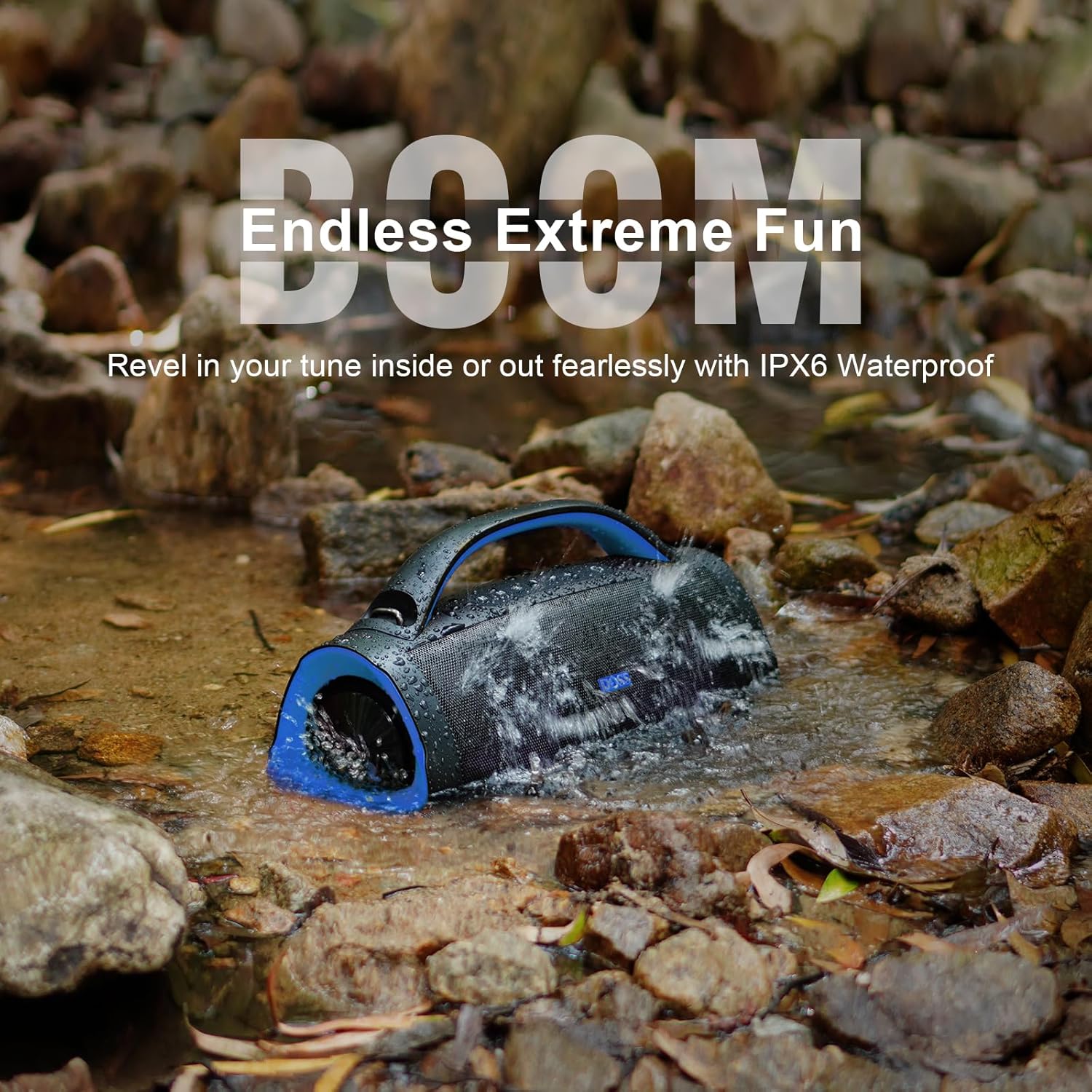 DOSS Extreme Boom Pro Loud Bluetooth Speaker with 100W Stereo Sound, Extra Bass, 20H Playtime, Party-Sync Led Lights, Built-in Power Bank, IPX6 Waterproof for Outdoor, Camping, Travel-Blue