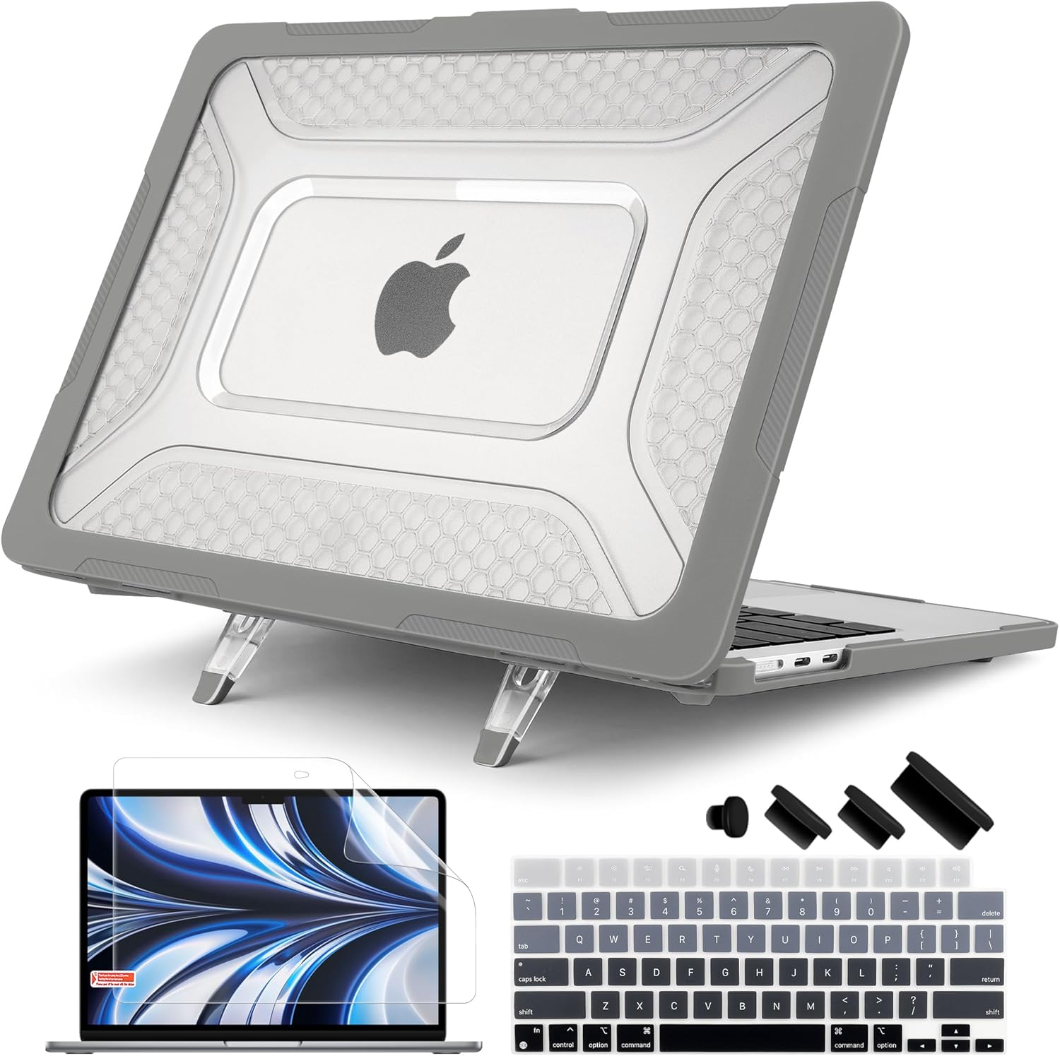 Batianda Case for New MacBook Air 13 inch 2025 M4 Chip 2024 2022 Release A3240 A3113 A2681 Model,Honeycomb Heavy Duty Protective Hard Shell with TPU Bumper Fold Kickstand & Keyboard Cover, Grey