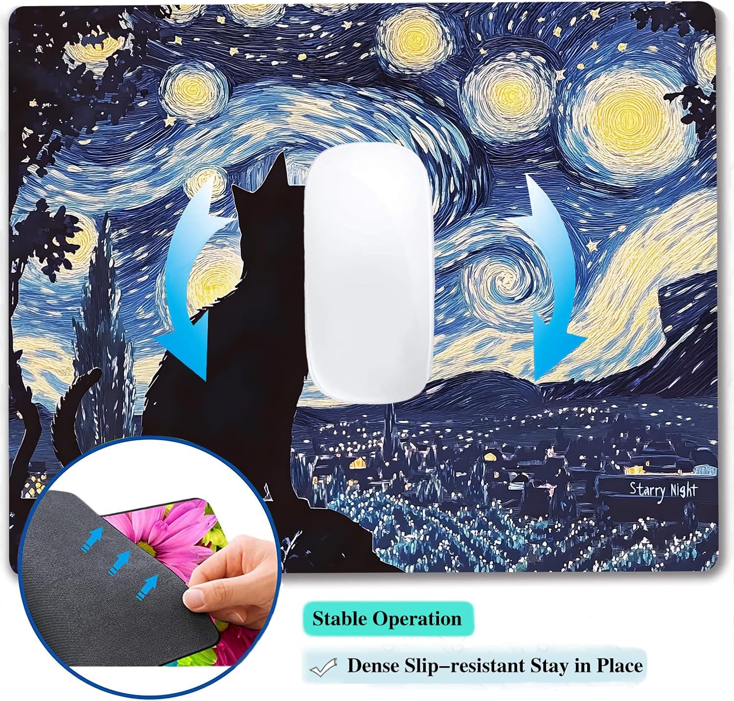 Starry Night Black Cat Custom Mouse Pad with Non-Slip Rubber, Small Square Design for Wireless Laptop & Computer Mouse Pads for Desk, 9.5 x 7.9 inch Smooth Surface for Gaming & Office