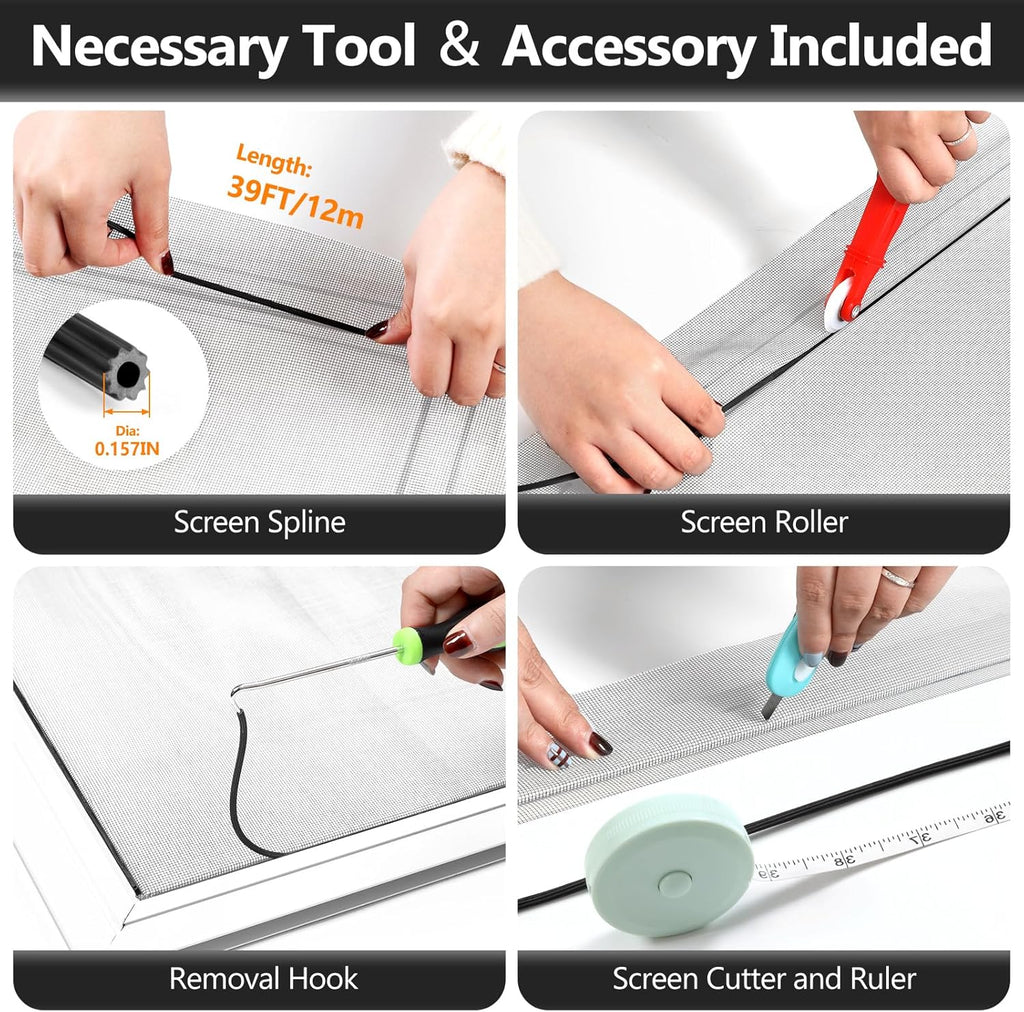Window Screen Door Repair Kit, 48" x 177" Screen Door Mesh Replacement Kit, Durable Fiberglass Mesh Roll with Tools for Windows Doors Patio and Porch Replacement, Grey