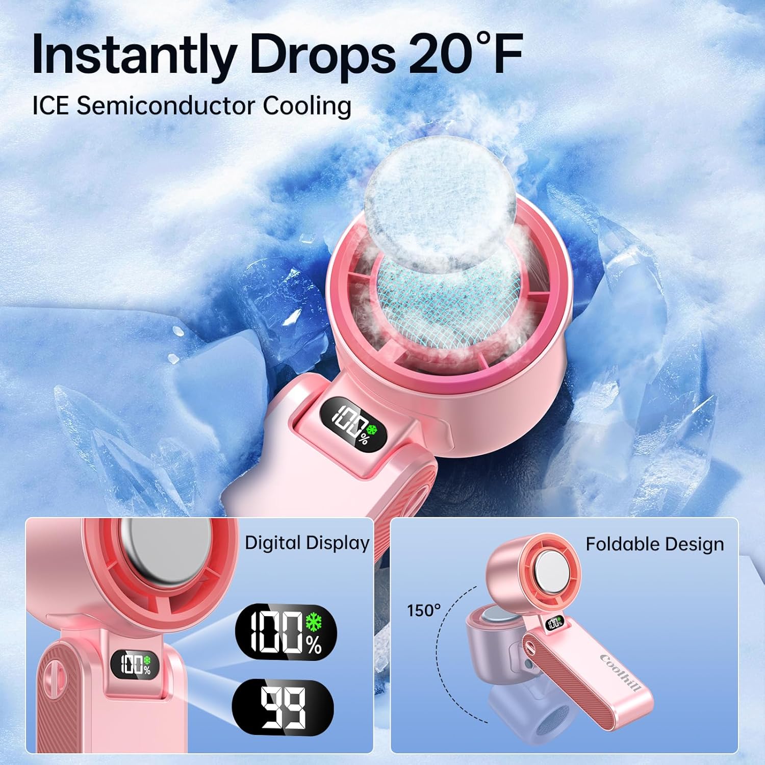 Handheld Portable Fan with Ice Cooler: 100-Speed 5500mAh Rechargeable Handheld Fan, 12H Time Hand Cooling Personal Fans with 20000 RPM Air Turbo Tech for Travel Outdoor (Pink)