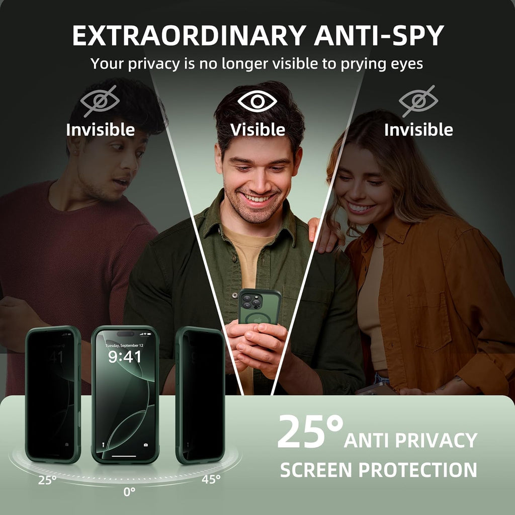 BERFY Magnetic for iPhone 16 Pro Case, Compatible with MagSafe, Built-in Privacy Screen Protector and Upgraded Camera Protection, Anti-Spy Full Body Shockproof Phone Case for 16 Pro 6.3", Green