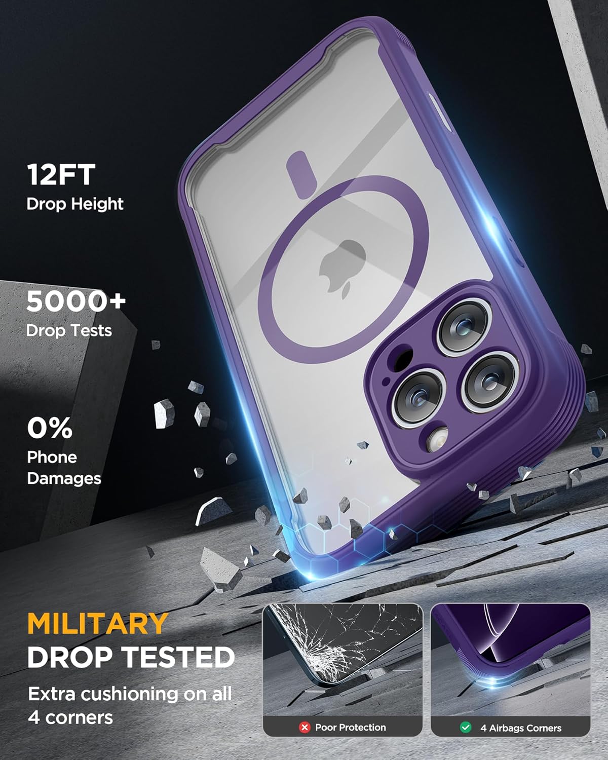 Miracase Magnetic for iPhone 16 Pro Case Full-Body Phone with Built-in Glass Screen Protector, [Compatible with MagSafe] Military Drop Proof 16 Pro Cover Bumper 6.3 inch, Purple